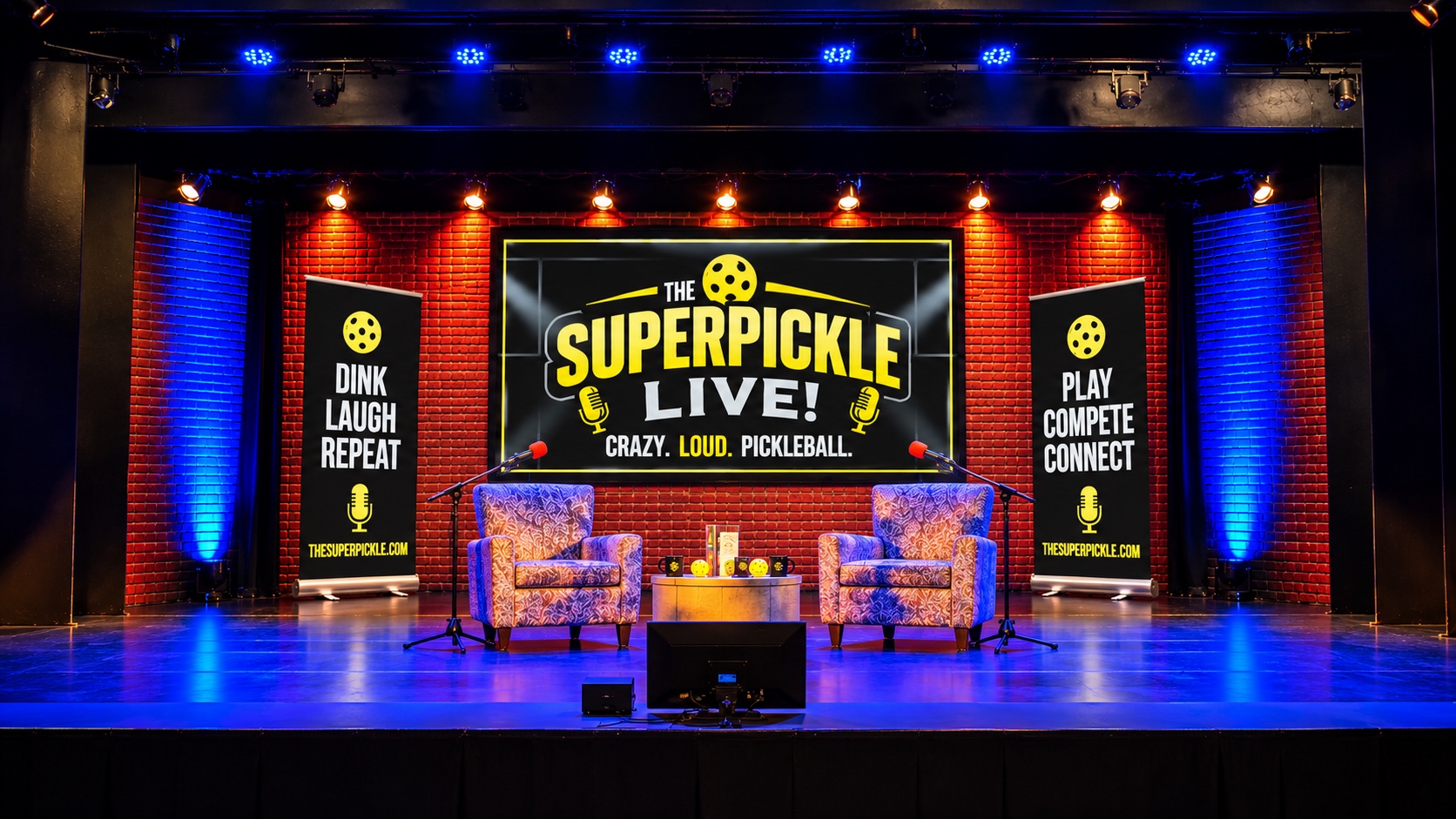 THE SUPER PICKLE live podcast stage with two chairs and microphones